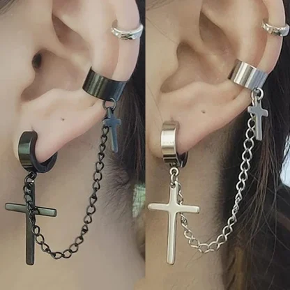 Two Attached Cross Earrings with Clip - Image 2