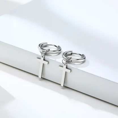 Simple Hoop Earrings with Cross Charm - Image 3